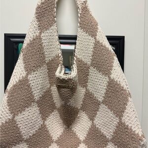 Kopari Two-Tone Knit Tote with Gold Logo Plaque